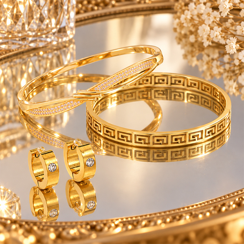 French Retro Jewelry Set, Greek Key Cuff & Cross Bangle